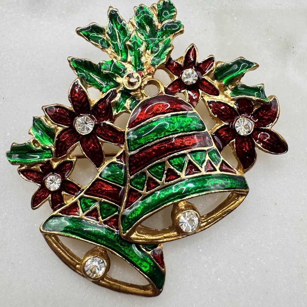 Vintage Christmas Bells Brooch Red Green Enamel Rhinestone Holiday Pin Gold Tone